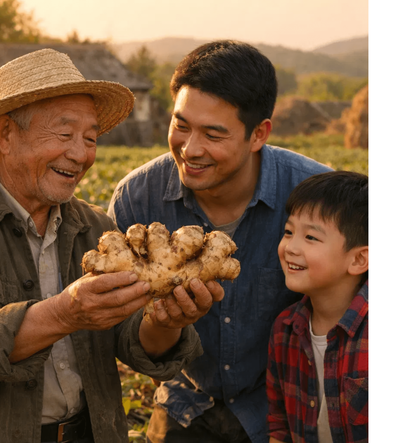 Three generations of growers holding fresh ginger