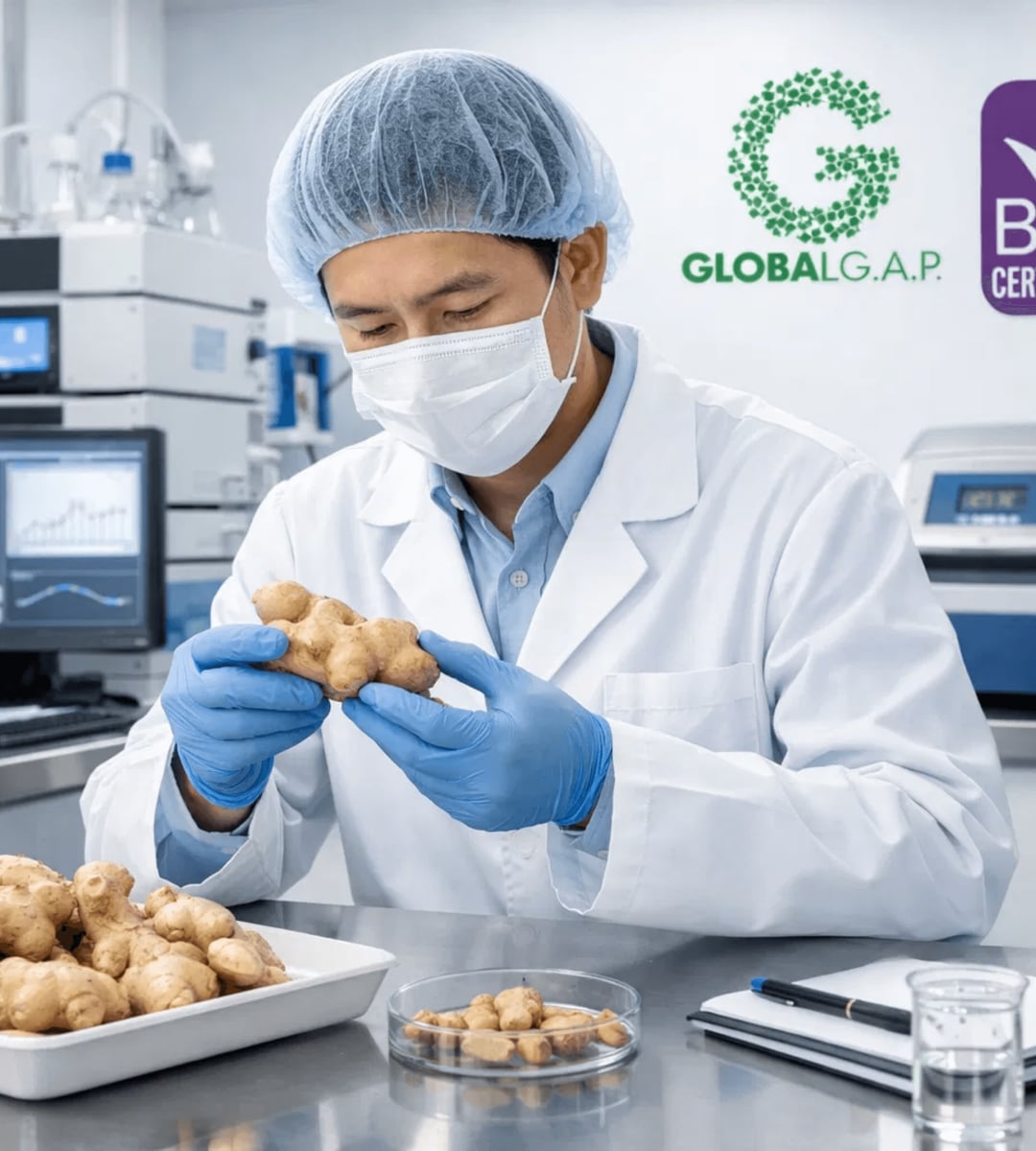 Quality control technician inspecting ginger in a lab